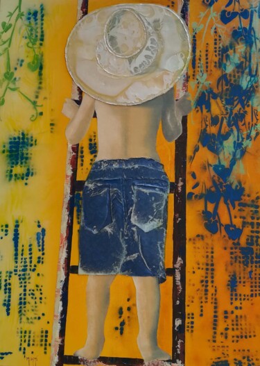 Painting titled "WYATT BOY" by Malika Hachemi Milhorat, Original Artwork, Oil Mounted on Wood Stretcher frame