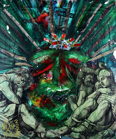 Collages intitulée "Masque chamanique" par Antoine-Emmanuel Rousselle-Laurent, Œuvre d'art originale, Collages Monté sur Châ…