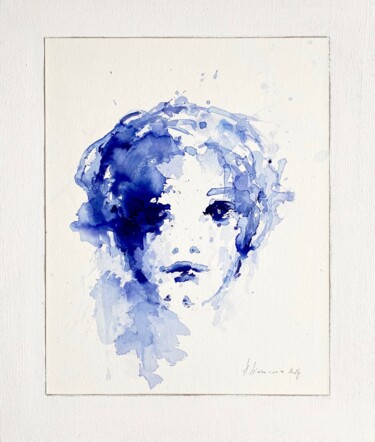 Malerei mit dem Titel ""Fille blue" 2024" von Hanna Sidorowicz, Original-Kunstwerk, Tinte Auf Keilrahmen aus Holz montiert