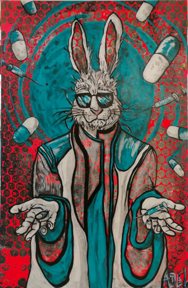 Schilderij getiteld "Professeur Rabbiteus" door Adélaïde Andreu Leferme, Origineel Kunstwerk, Acryl