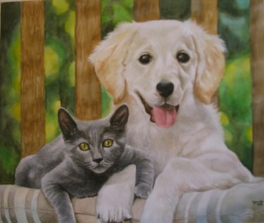 Pintura intitulada "Dog and kitten" por Fernanda Costa, Obras de arte originais