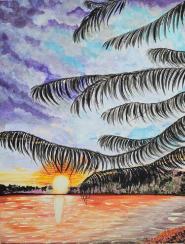 Painting titled "Coucher de soleil a…" by Coralie Chevalier, Original Artwork, Watercolor