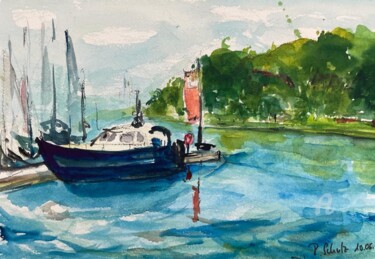 Peinture intitulée "Boot im Hafen" par Corason, Œuvre d'art originale, Aquarelle