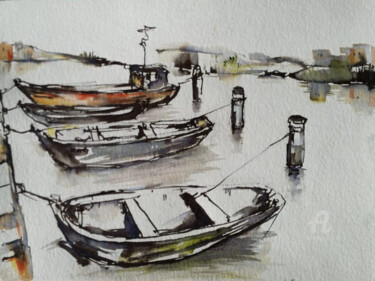 Malerei mit dem Titel "Am Hafen" von Corason, Original-Kunstwerk, Aquarell