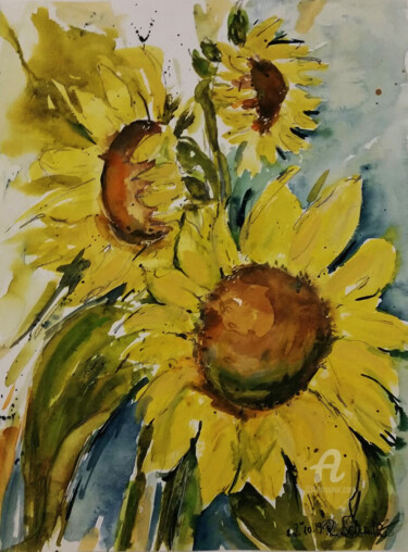 Malerei mit dem Titel "Helianthus - Sonnen…" von Corason, Original-Kunstwerk, Aquarell