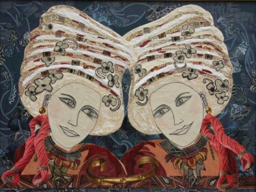 Collages getiteld "Les Âmes-Soeurs" door Corinne Barnett, Origineel Kunstwerk, Collages Gemonteerd op Frame voor houten bran…