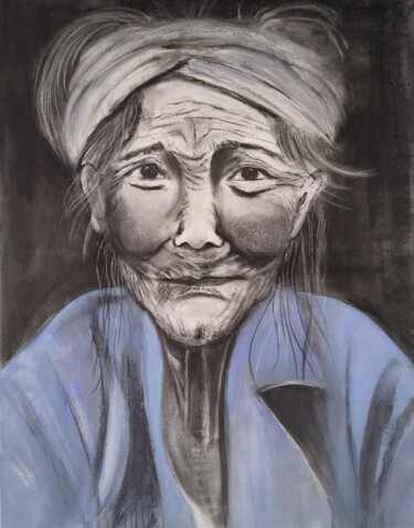 Dessin intitulée "Vieille femme indon…" par Corinne Caucig, Œuvre d'art originale, Fusain