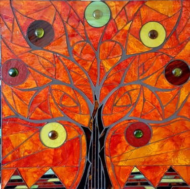 Sculpture titled "ARBRE DE VIE EN AUT…" by Corinne Lelaumier, Original Artwork, Mosaic Mounted on Wood Panel