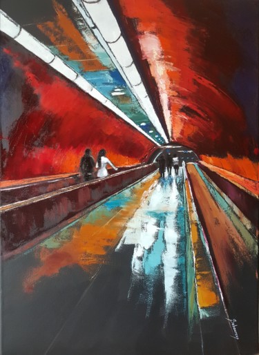 Pintura intitulada ""En transit"" por Corinne Saboureux, Obras de arte originais, Óleo Montado em Armação em madeira