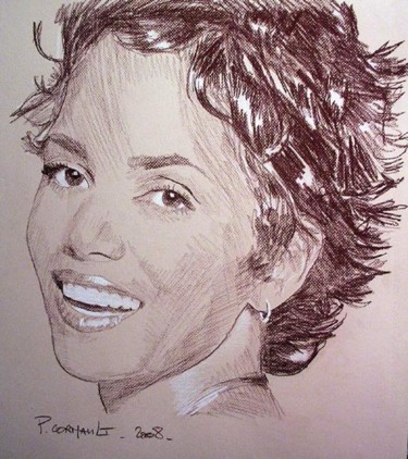 Disegno intitolato "Halle berry sépia" da Philippe Cormault, Opera d'arte originale, Matita