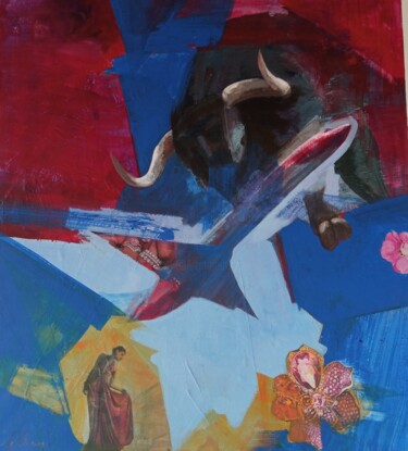 Painting titled "Plane and bull" by Corravale, Original Artwork, Acrylic Mounted on Wood Stretcher frame