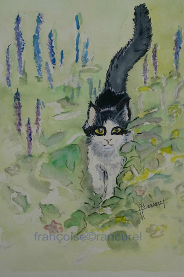 Pintura titulada "♥ Petit chat extrao…" por Françoise Lanfroy-Rancurel, Obra de arte original, Acuarela