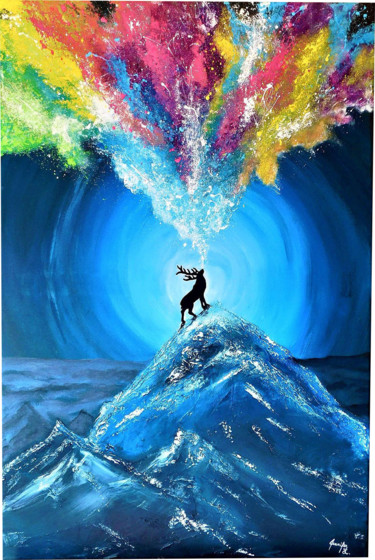 Картина под названием "Cerf multicolore" - Jennifer Létourneau, Подлинное произведение искусства, Акрил Установлен на Деревя…