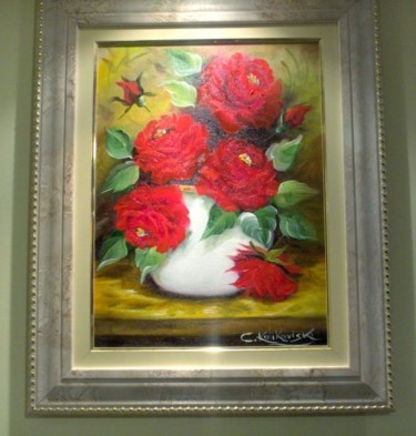 Pintura intitulada "Vaso com rosas verm…" por Cristina Kolikoviski -Cris, Obras de arte originais, Óleo
