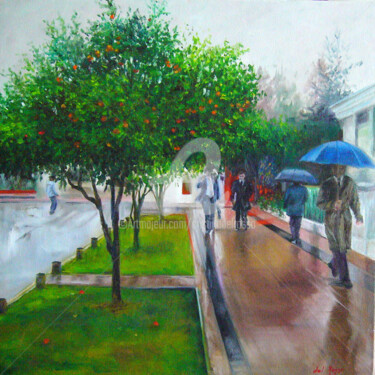 Painting titled "Naranjos en día de…" by Cristina Del Rosso, Original Artwork, Oil