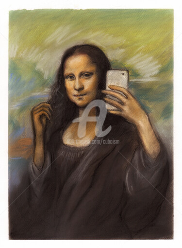 Digital Arts με τίτλο "Mona Lisa taking a…" από Cuboism Art Design　クボイズムアートデザイン, Αυθεντικά έργα τέχνης, Παστέλ