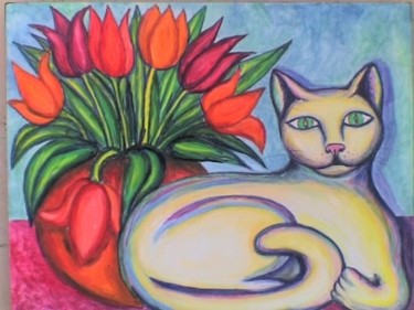Peinture intitulée "Le chat au bouquet" par L'Homme Aux Pieds De Caoutchouc, Der Man, Œuvre d'art originale