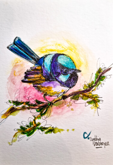 Desenho intitulada "Oiseau dodu bleu" por Cynthia Dormeyer, Obras de arte originais, Aquarela
