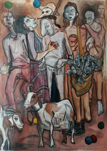 Painting titled "Nous rendre chèvre,…" by Cynthia Pedrosa, Original Artwork, Oil Mounted on Wood Stretcher frame