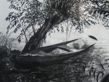 Рисунок под названием "Fusain - barque sur…" - Cyriaque Millet, Подлинное произведение искусства, Древесный уголь