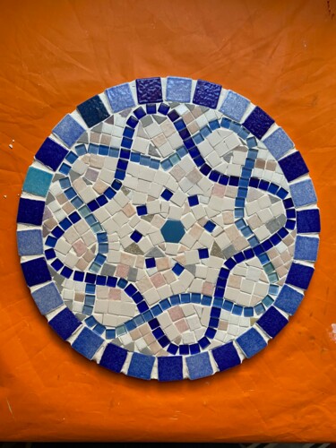 Collagen mit dem Titel "mosaïque ruban bleu" von Dominique Duhot, Original-Kunstwerk, Collagen Auf Holzplatte montiert