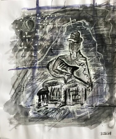 Σχέδιο με τίτλο "Joueur de blues" από D’Joon, Αυθεντικά έργα τέχνης, Ακουαρέλα