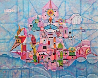 Painting titled "The Pink Ship" by Da Hong, Original Artwork, Oil