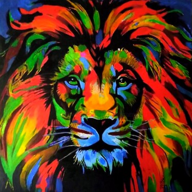 Painting titled "LION COLORS." by Dabu., Original Artwork, Oil Mounted on Wood Stretcher frame