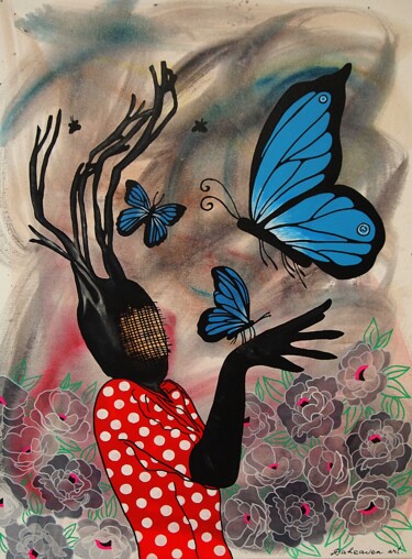 Painting titled "Blue butterflies." by Daheaven Art, Original Artwork, Acrylic Mounted on Wood Stretcher frame