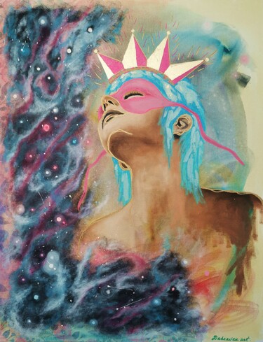 Painting titled "Cosmic girl." by Daheaven Art, Original Artwork, Oil Mounted on Wood Stretcher frame