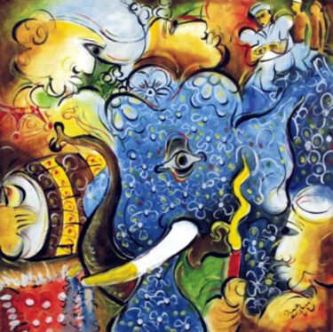 Malerei mit dem Titel "Drummer and Elephant" von Dammith Krishantha, Original-Kunstwerk, Acryl