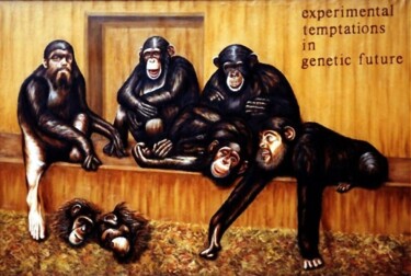 Картина под названием "Chimpanzee-group wi…" - Dan Civa, Подлинное произведение искусства, Масло