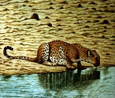 Schilderij getiteld "Leopard drinking wa…" door Dan Civa, Origineel Kunstwerk, Olie