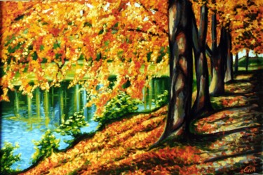 Schilderij getiteld "Autumn with lake, D…" door Dan Civa, Origineel Kunstwerk, Olie