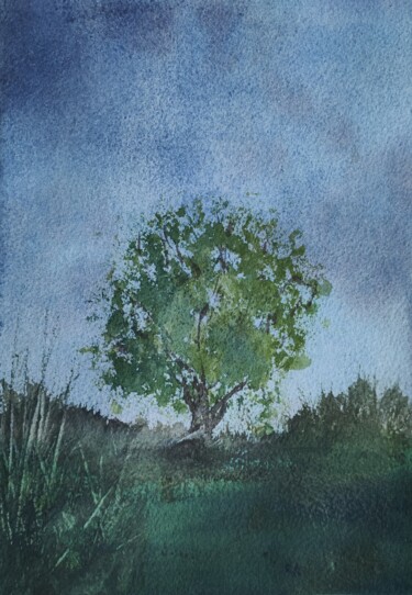 Painting titled "Nuit à l'étang" by Dan Lago, Original Artwork, Watercolor