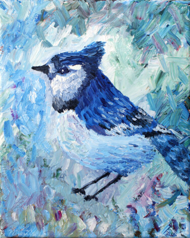 Painting titled "LL Blue Jay" by Dan Moranville, Original Artwork, Acrylic Mounted on Wood Stretcher frame