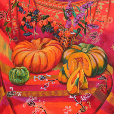 Painting titled "Pumpkins and buddle…" by Dana Velychko, Original Artwork, Oil