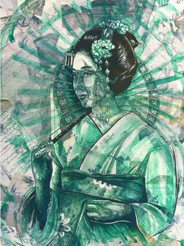 Collages intitolato "The Strong Geisha" da Daniel Flores, Opera d'arte originale, Inchiostro Montato su Pannello di legno