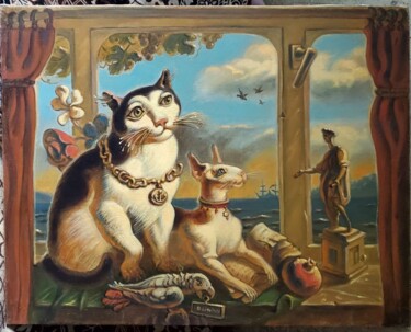 Malerei mit dem Titel "Cats and parrot" von Daniel Litvinov, Original-Kunstwerk, Öl