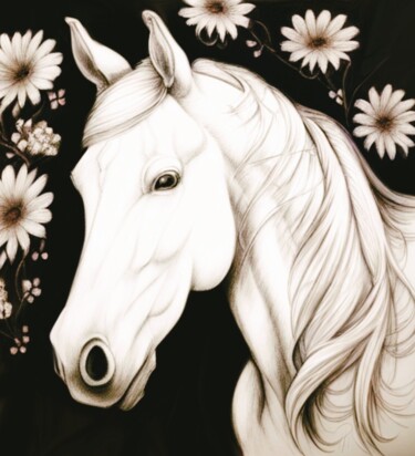 Dessin intitulée "Cavallo e fiori 5" par Daniela La Rovere, Œuvre d'art originale, Crayon