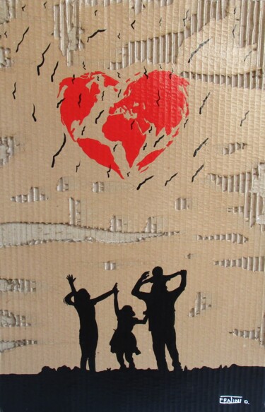 Painting titled "The Family" by Daniele Fratini, Original Artwork, Enamel Mounted on Cardboard