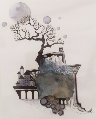 「Esquif 3」というタイトルの描画 Danielle Lequinによって, オリジナルのアートワーク, インク ガラスにマウント