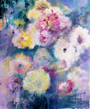 Painting titled "Fleurs cérémonie" by Danielle Mangeon, Original Artwork, Acrylic Mounted on Wood Stretcher frame