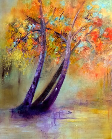 Painting titled "L'ARBRE" by Danielle Mangeon, Original Artwork, Oil Mounted on Wood Stretcher frame