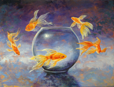 Schilderij getiteld "Goldfish XXX" door Daniel Loveday, Origineel Kunstwerk, Olie