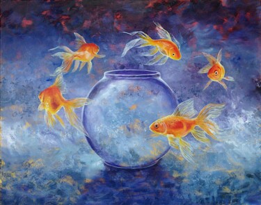 Painting titled "Goldfish XLII" by Daniel Loveday, Original Artwork, Oil Mounted on Other rigid panel