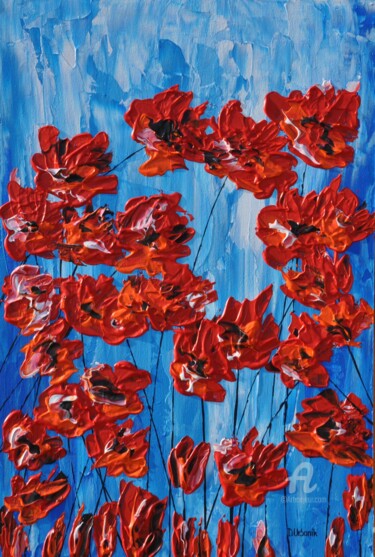 Peinture intitulée "Poppies On Blue 1" par Daniel Urbaník, Œuvre d'art originale, Acrylique