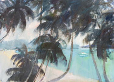 Painting titled "Tropical beach seas…" by Masha Danilovskaia, Original Artwork, Oil Mounted on Wood Stretcher frame