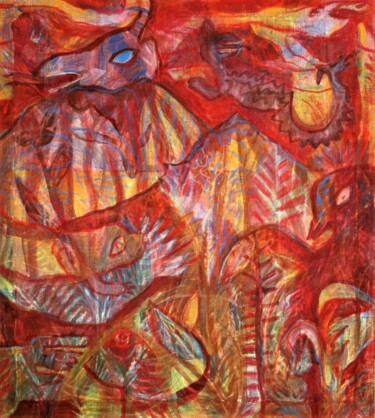 Textielkunst getiteld "Auenland II" door Danjana Brandes, Origineel Kunstwerk, Krijt Gemonteerd op Frame voor houten brancard