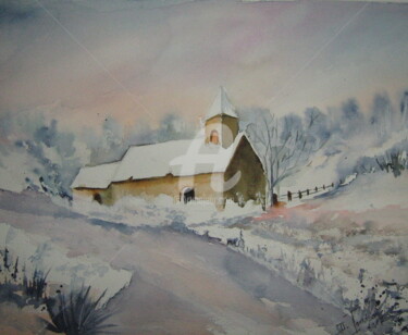 Pittura intitolato "Eglise sous la neige" da Dany, Opera d'arte originale, Acquarello